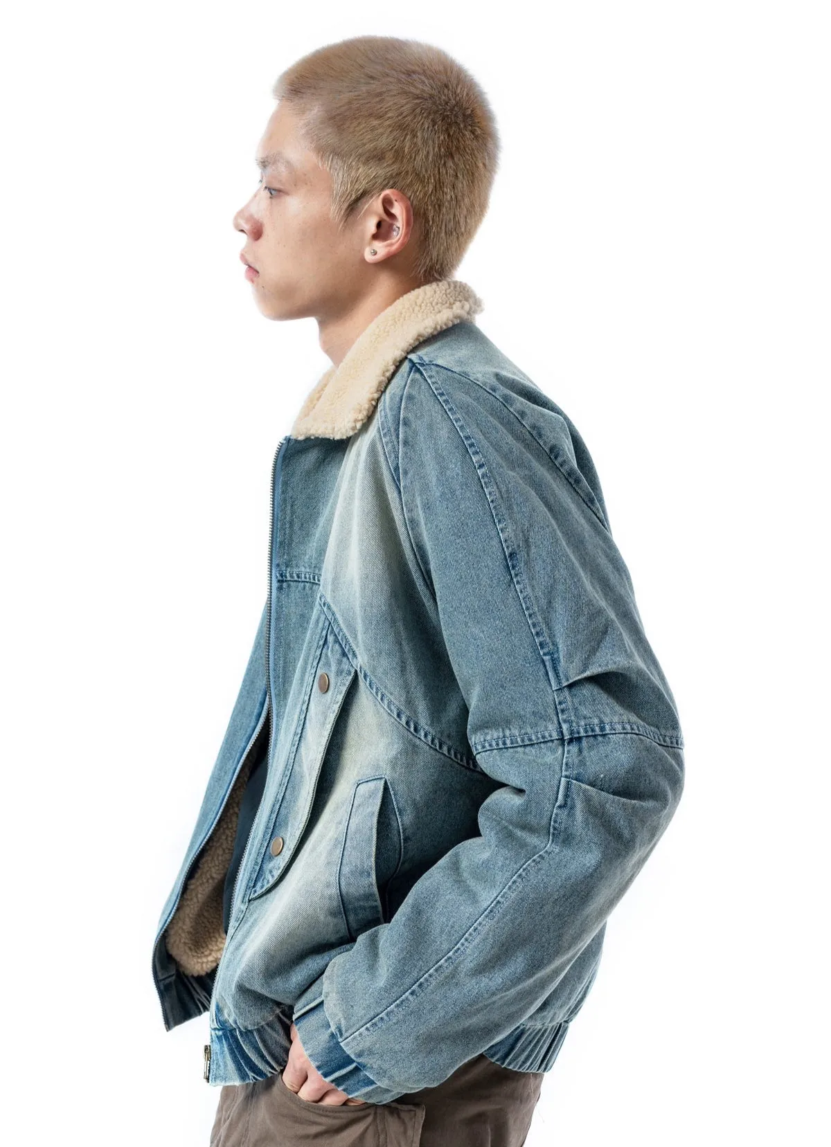 Sherpa Lined Elastic Hem Faded Denim Jacket