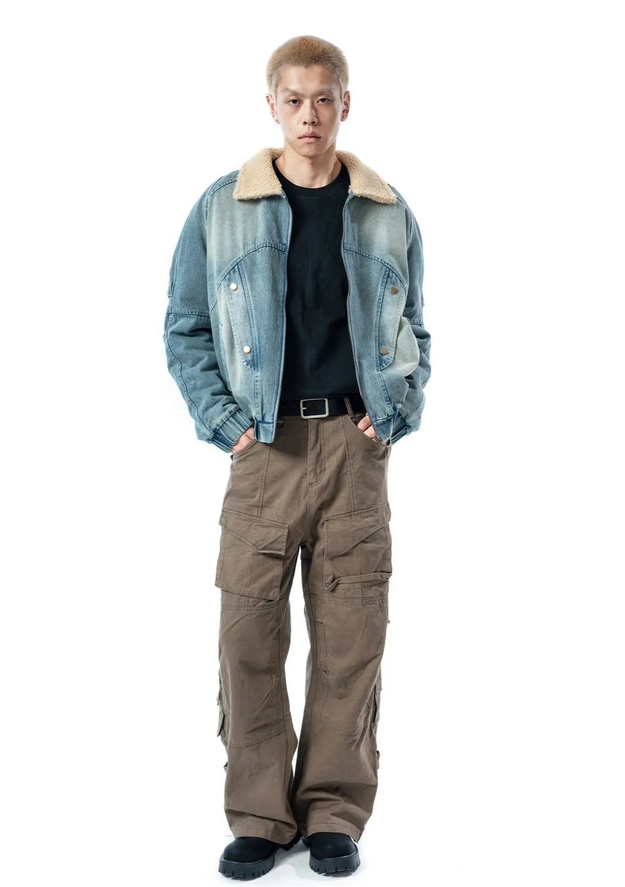 Sherpa Lined Elastic Hem Faded Denim Jacket