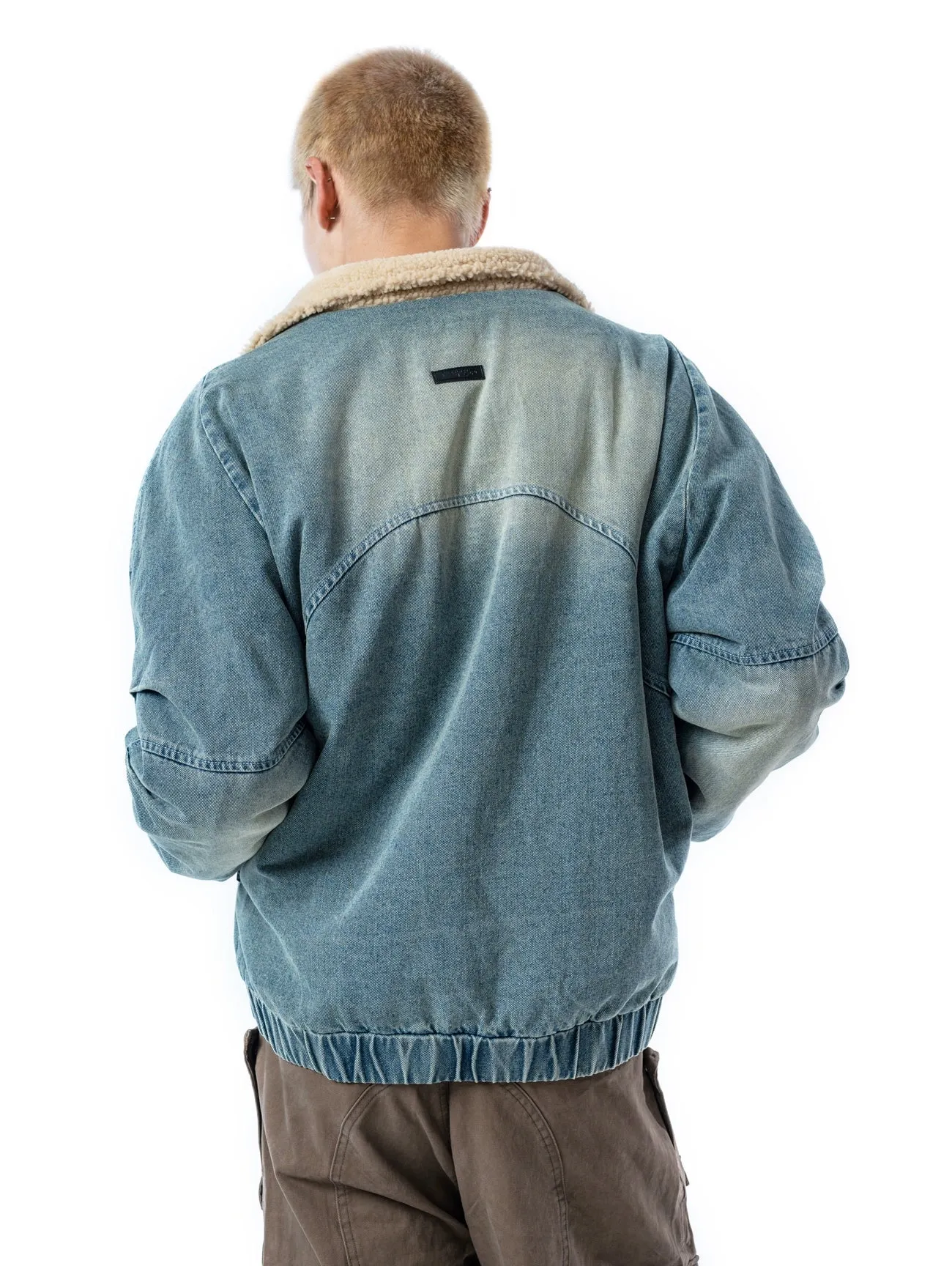 Sherpa Lined Elastic Hem Faded Denim Jacket