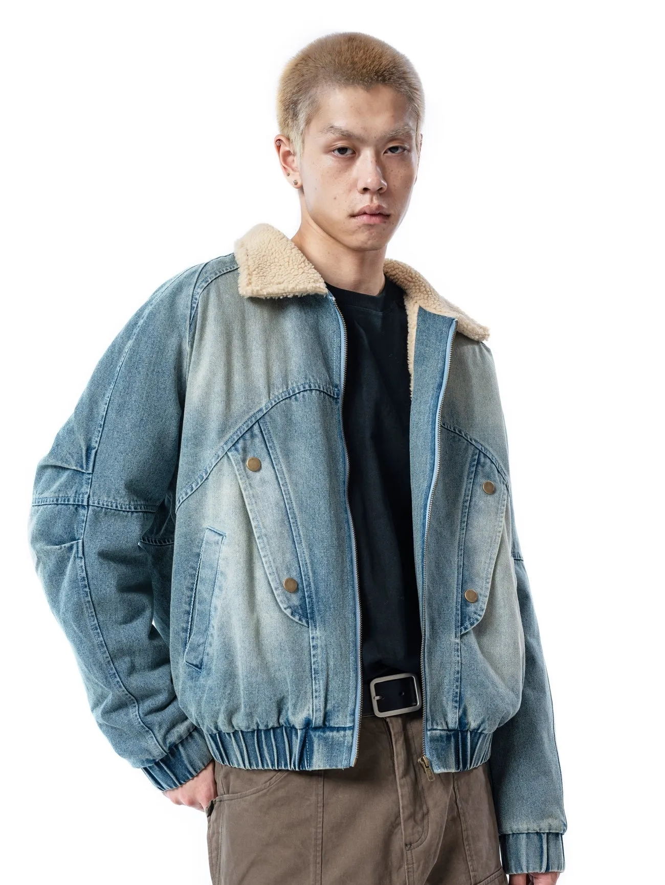 Sherpa Lined Elastic Hem Faded Denim Jacket