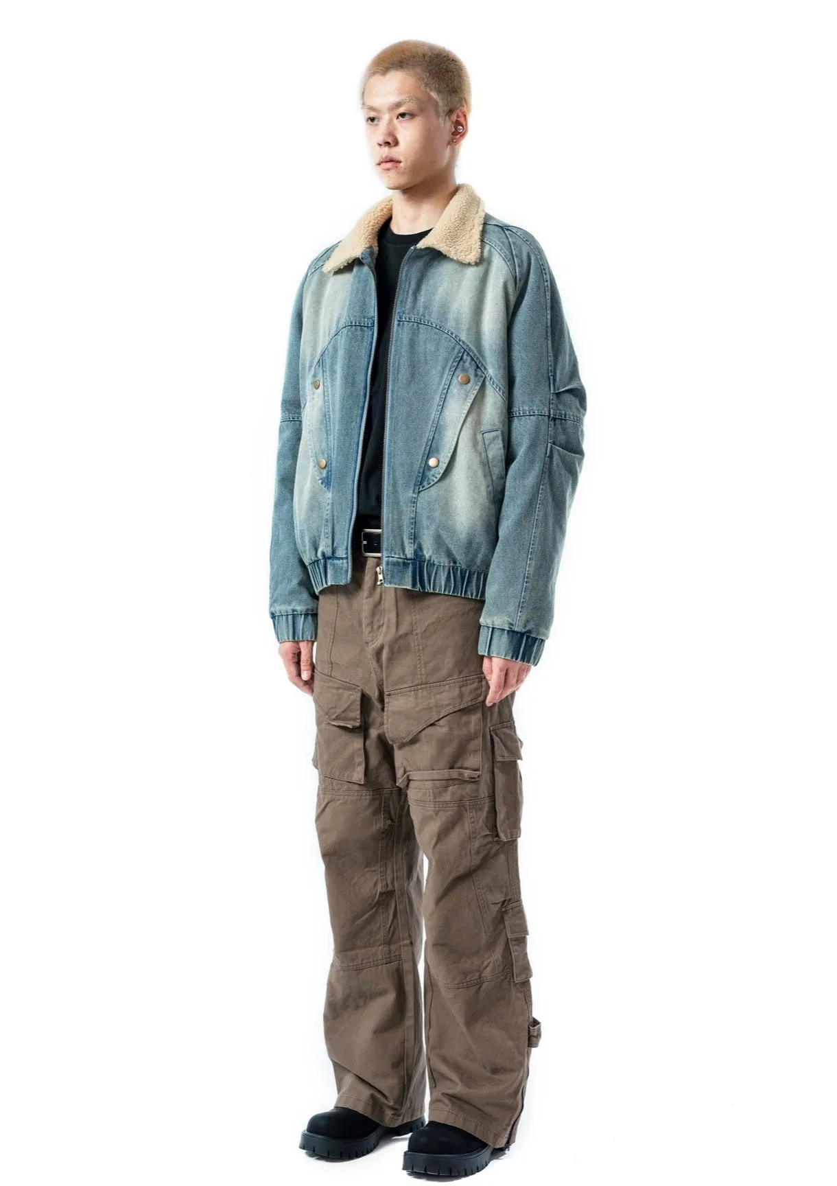 Sherpa Lined Elastic Hem Faded Denim Jacket