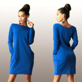 Solid Pockets Casual Loose Autumn Dress Women's O-Neck Long Sleeve Mini Bodycon Dresses vestidos