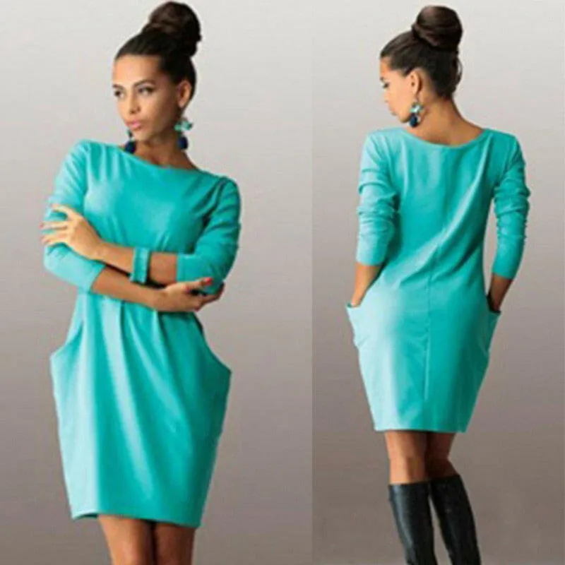 Solid Pockets Casual Loose Autumn Dress Women's O-Neck Long Sleeve Mini Bodycon Dresses vestidos