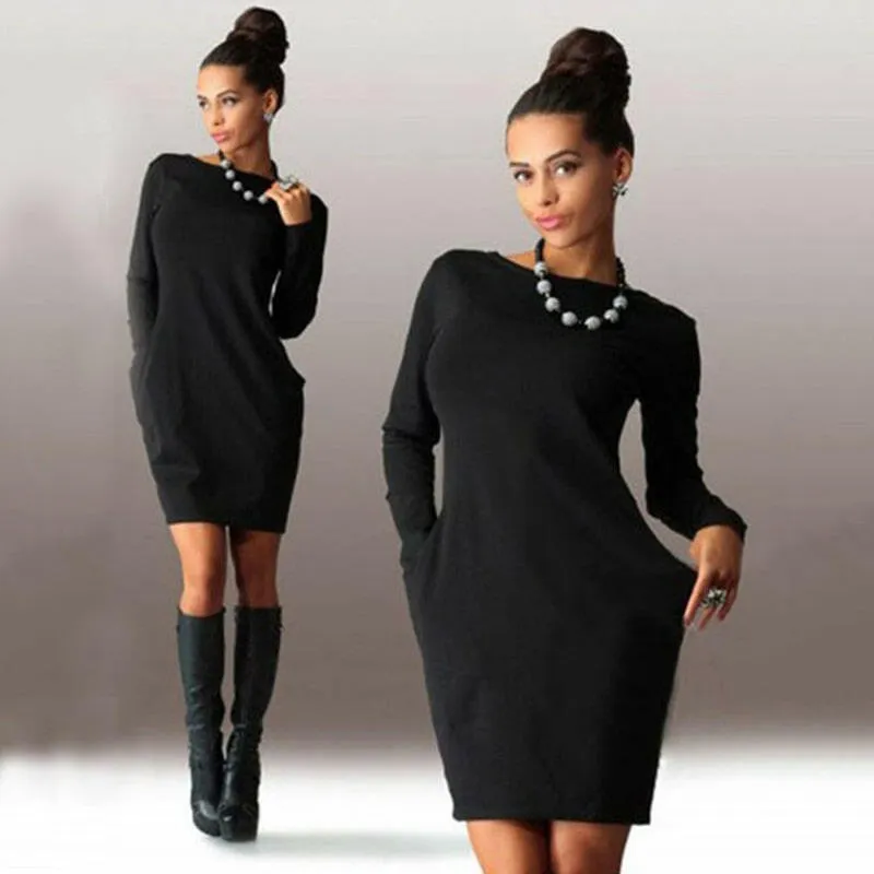 Solid Pockets Casual Loose Autumn Dress Women's O-Neck Long Sleeve Mini Bodycon Dresses vestidos