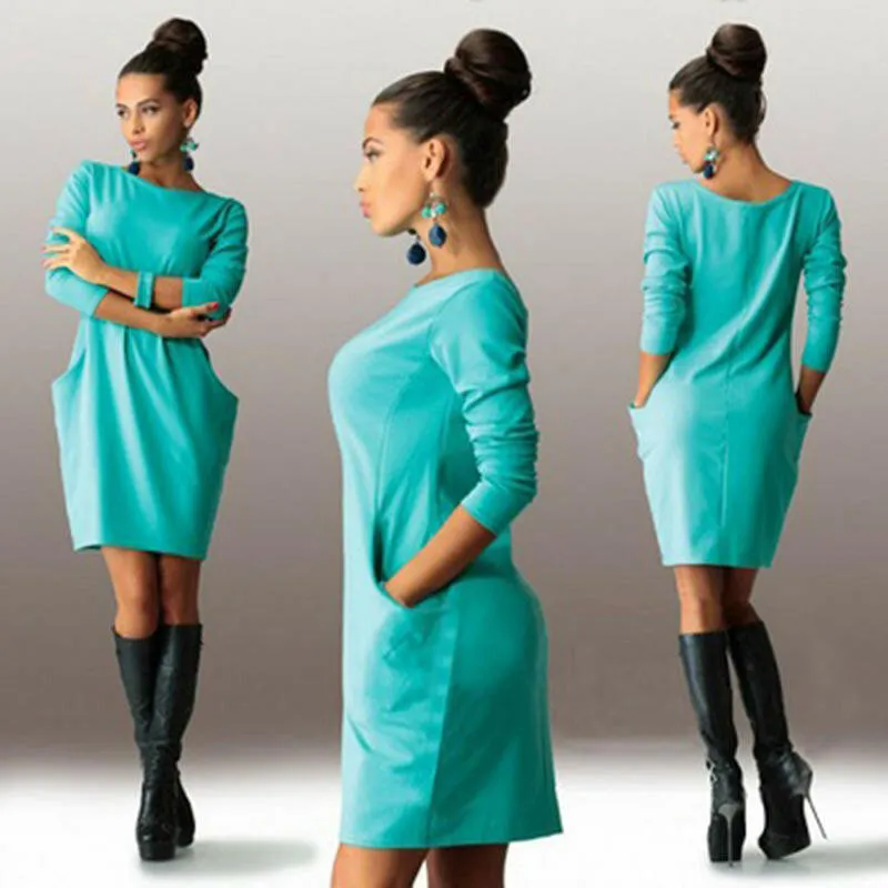 Solid Pockets Casual Loose Autumn Dress Women's O-Neck Long Sleeve Mini Bodycon Dresses vestidos