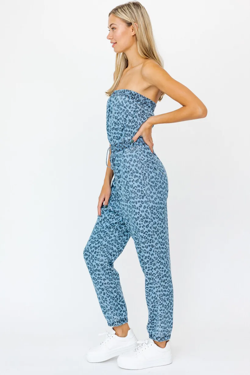 Tube Top Leopard Denim Jumpsuit