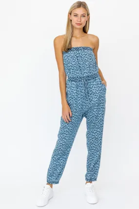 Tube Top Leopard Denim Jumpsuit