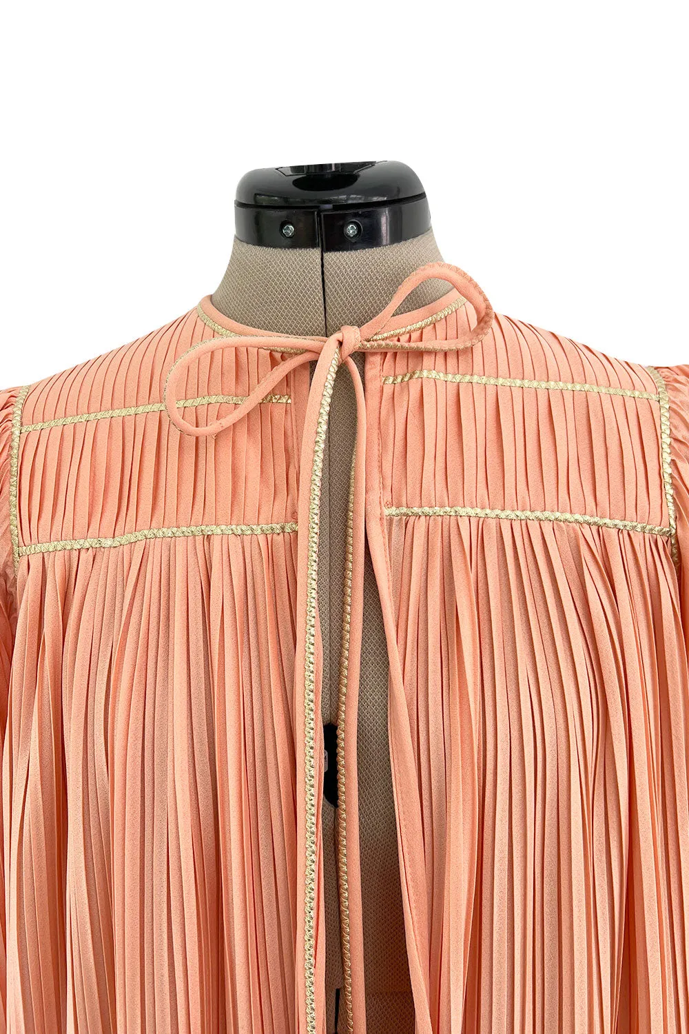 Versatile 1981 Bill Tice Full Length Pleated Peach Coloured Jersey Coat w Gold Cord Detailing