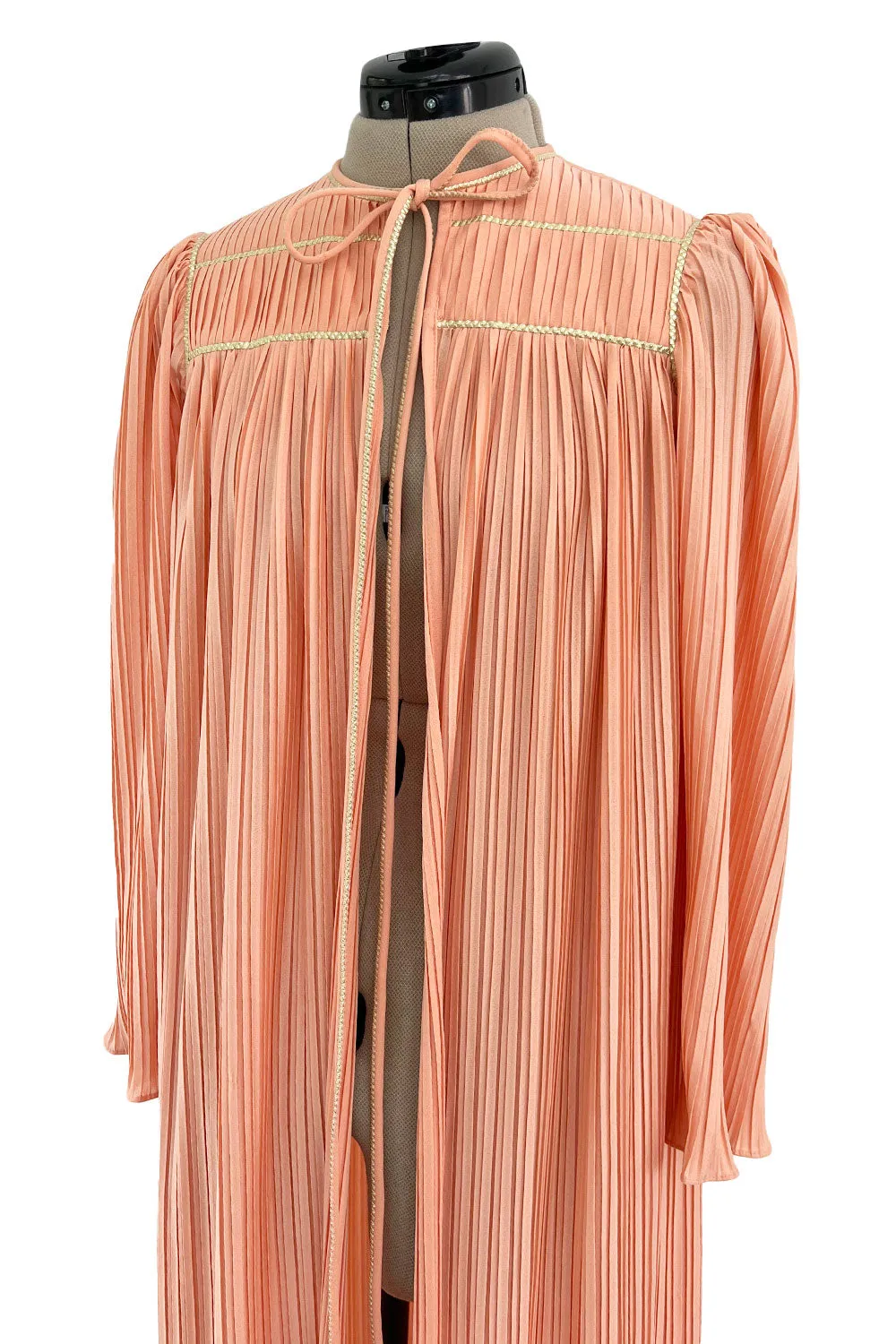 Versatile 1981 Bill Tice Full Length Pleated Peach Coloured Jersey Coat w Gold Cord Detailing