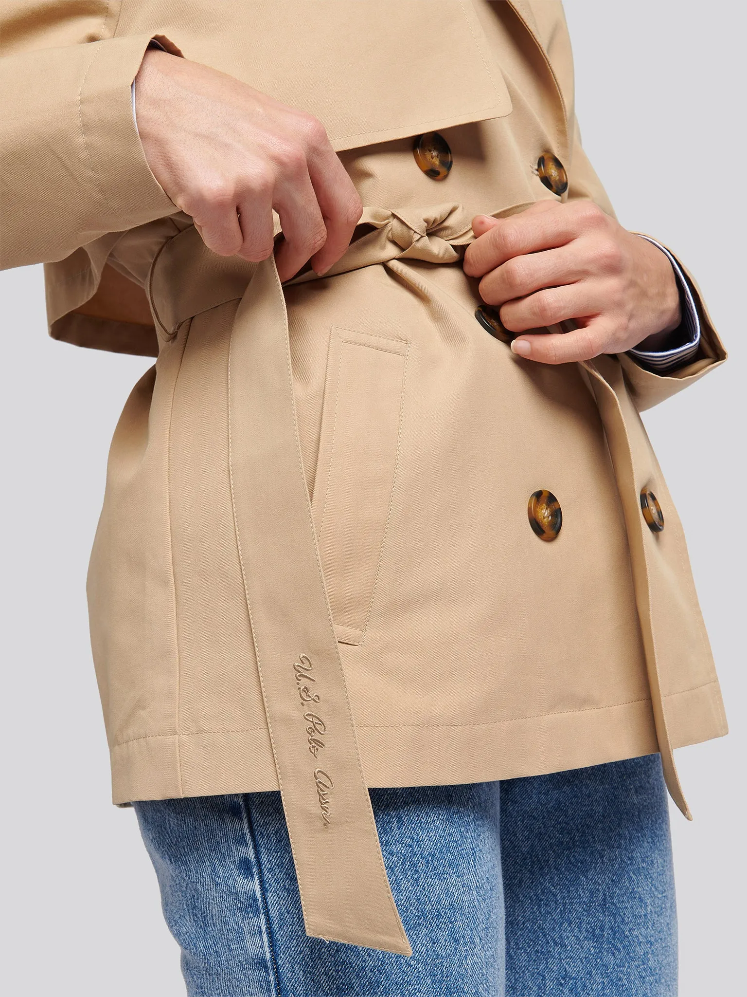 Womens Double Breasted Short Trench in Incense