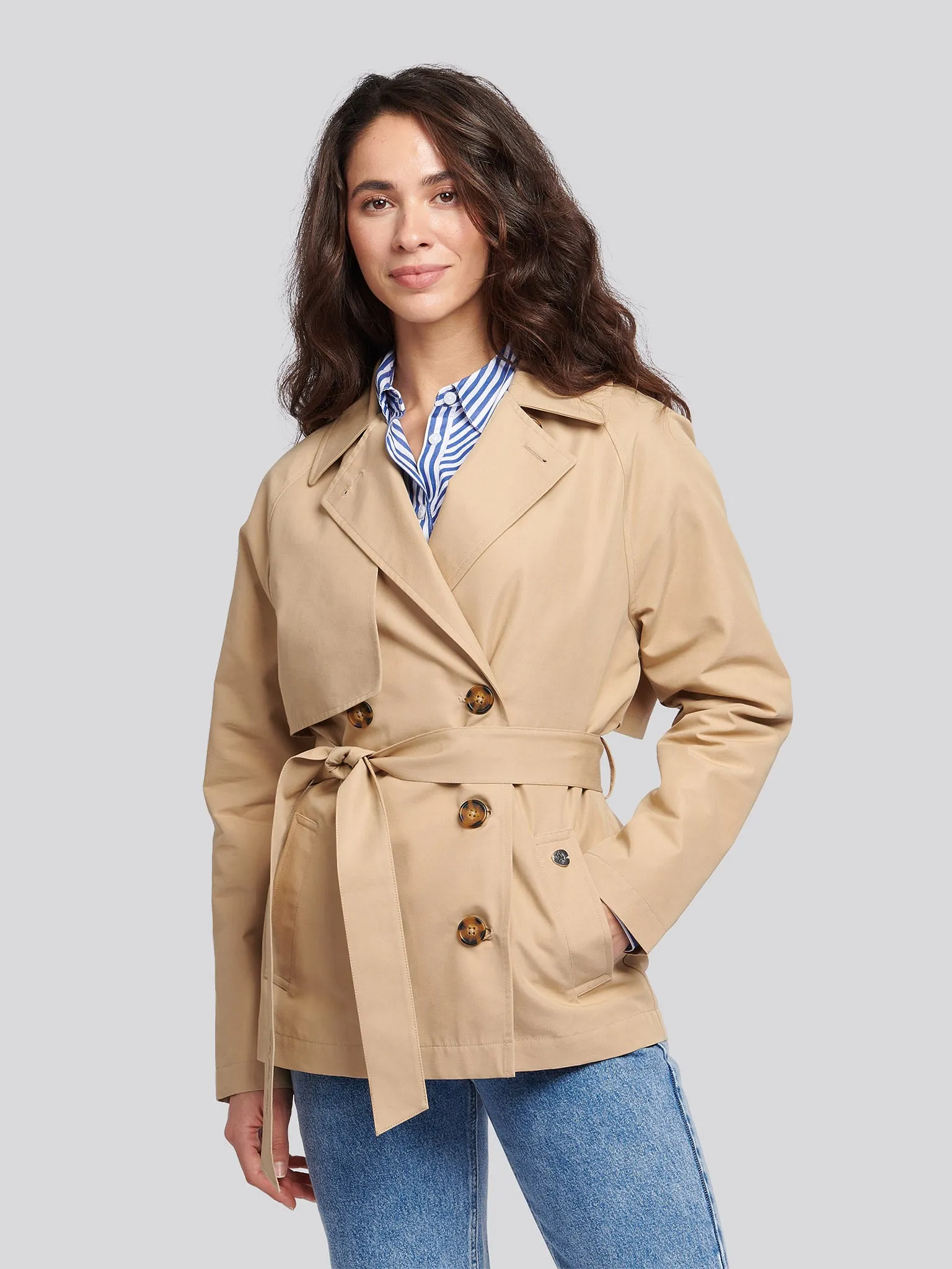 Womens Double Breasted Short Trench in Incense