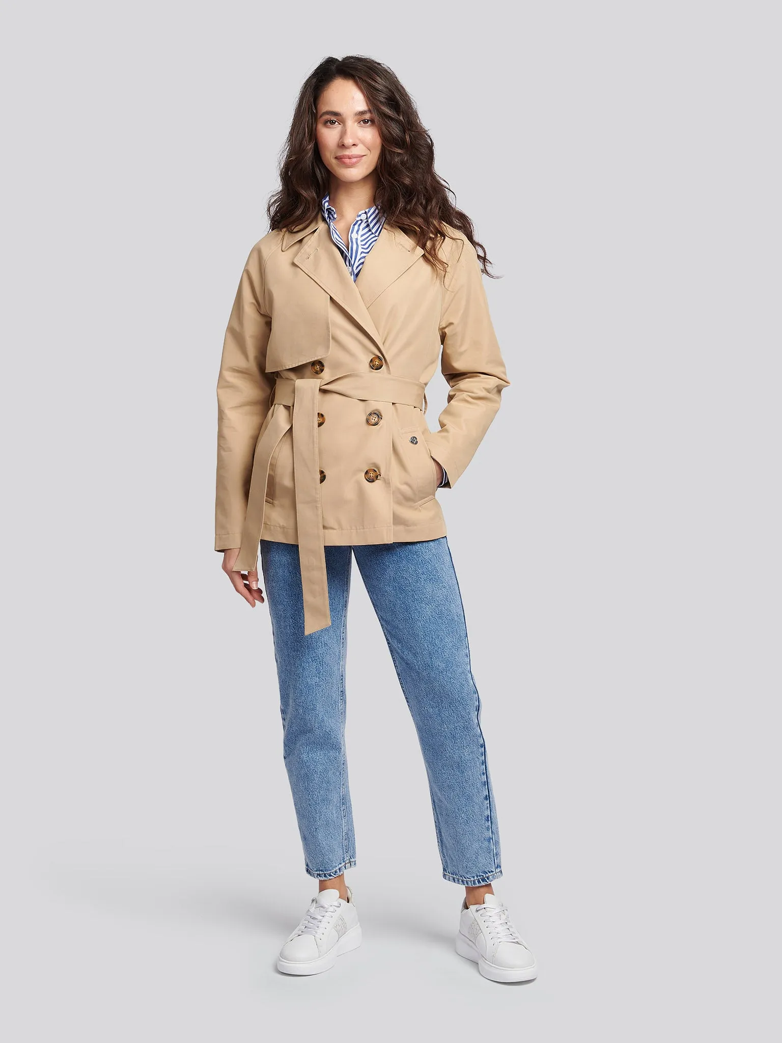 Womens Double Breasted Short Trench in Incense