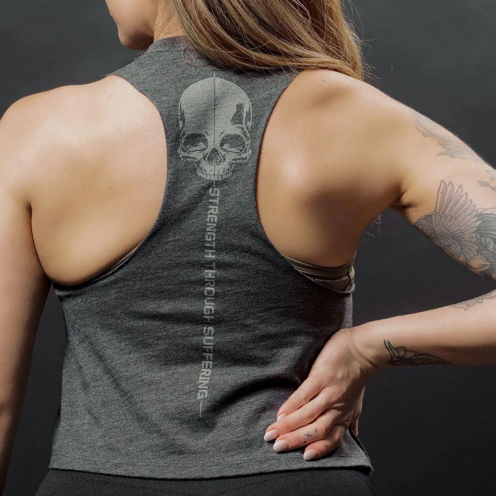 Women's Strength Through Suffering Cropped Tank - Dark Heather Gray